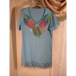 Princess Cruses Cotton Dress Sz L Jeweled Front Crochet  turquoise Artsy Bling